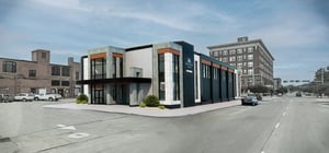 Rendering of a city hall's exterior with modern architecture