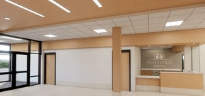 Rendering of a city hall entrance and reception desk