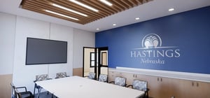 Rendering of a city hall board room with city logo decorating accent wall
